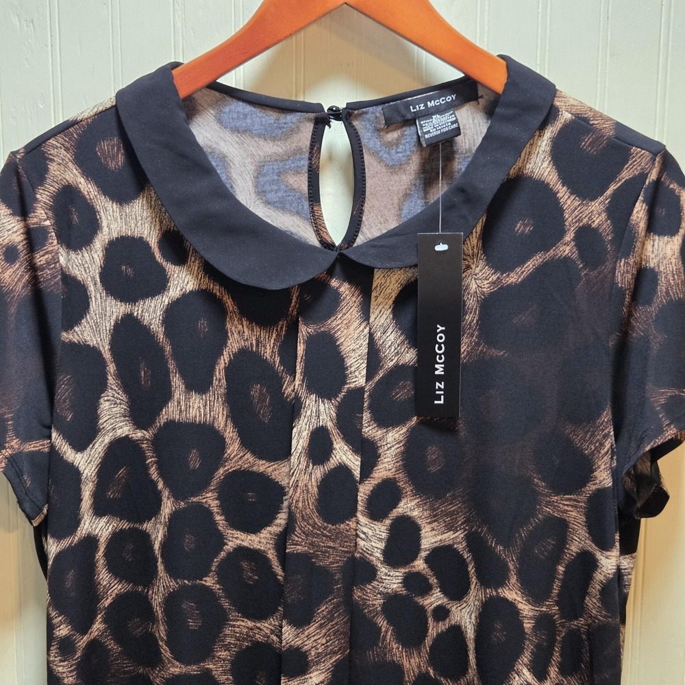 Liz McCoy Blouse Womens XL Brown Leopard Print Peter Pan Collar Keyhole Top